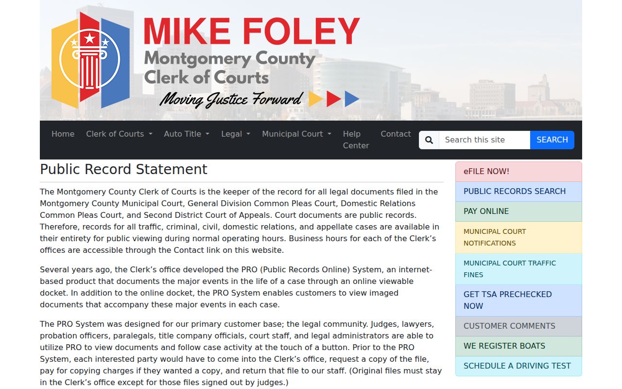 Montgomery County Clerk public record statement for PRO docket and document images
