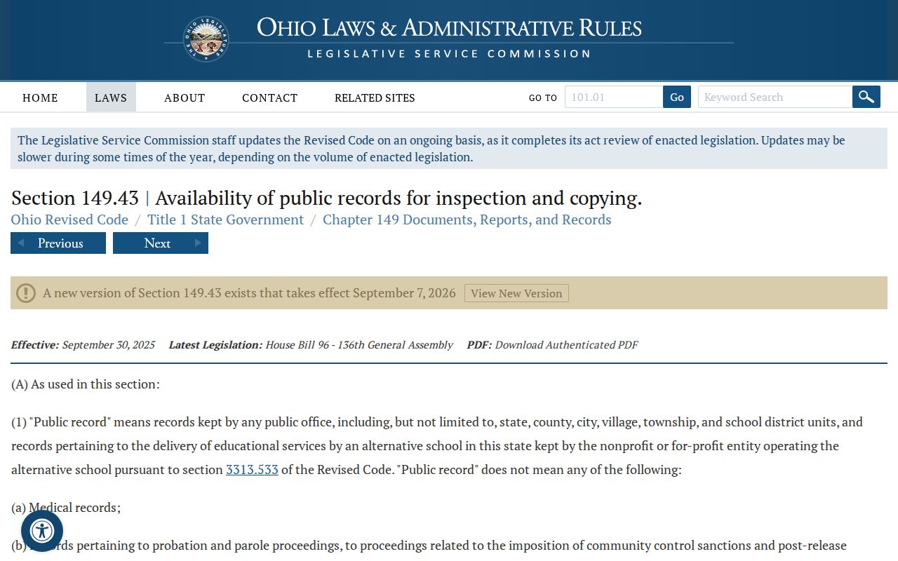 Ohio Public Records Act official statutory text for Montgomery County court record context