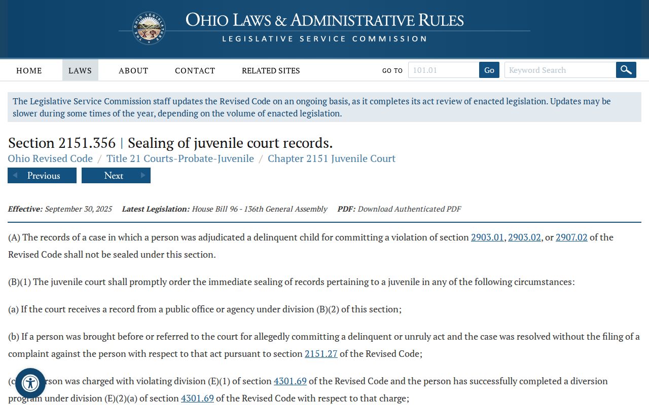 Ohio juvenile record sealing statute official source