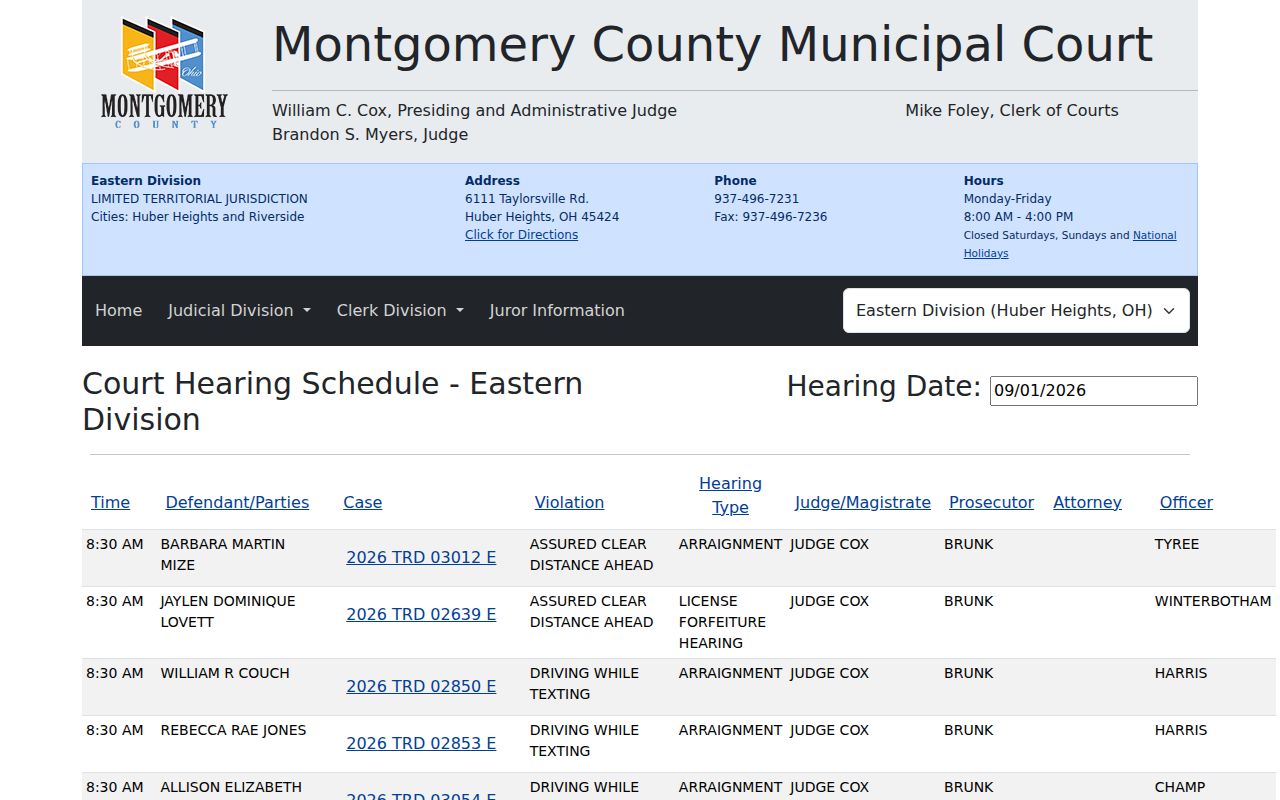 Eastern Division public daily hearing docket for Huber Heights