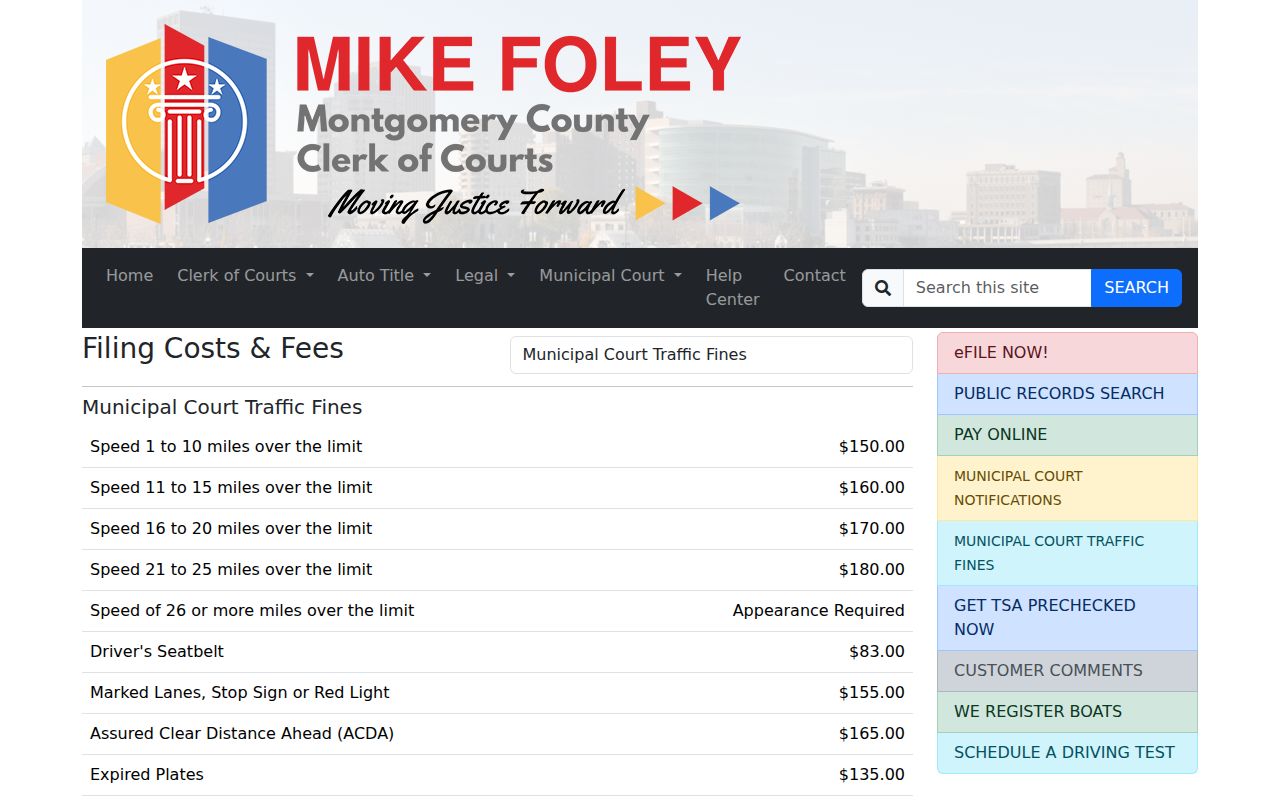 Montgomery County Clerk Municipal traffic fee and court cost information