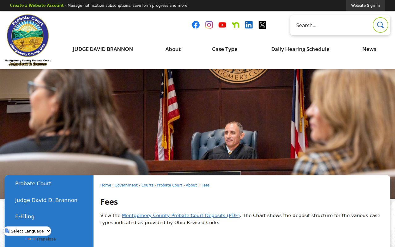 Montgomery County Probate Court official fee page showing a separate court record system