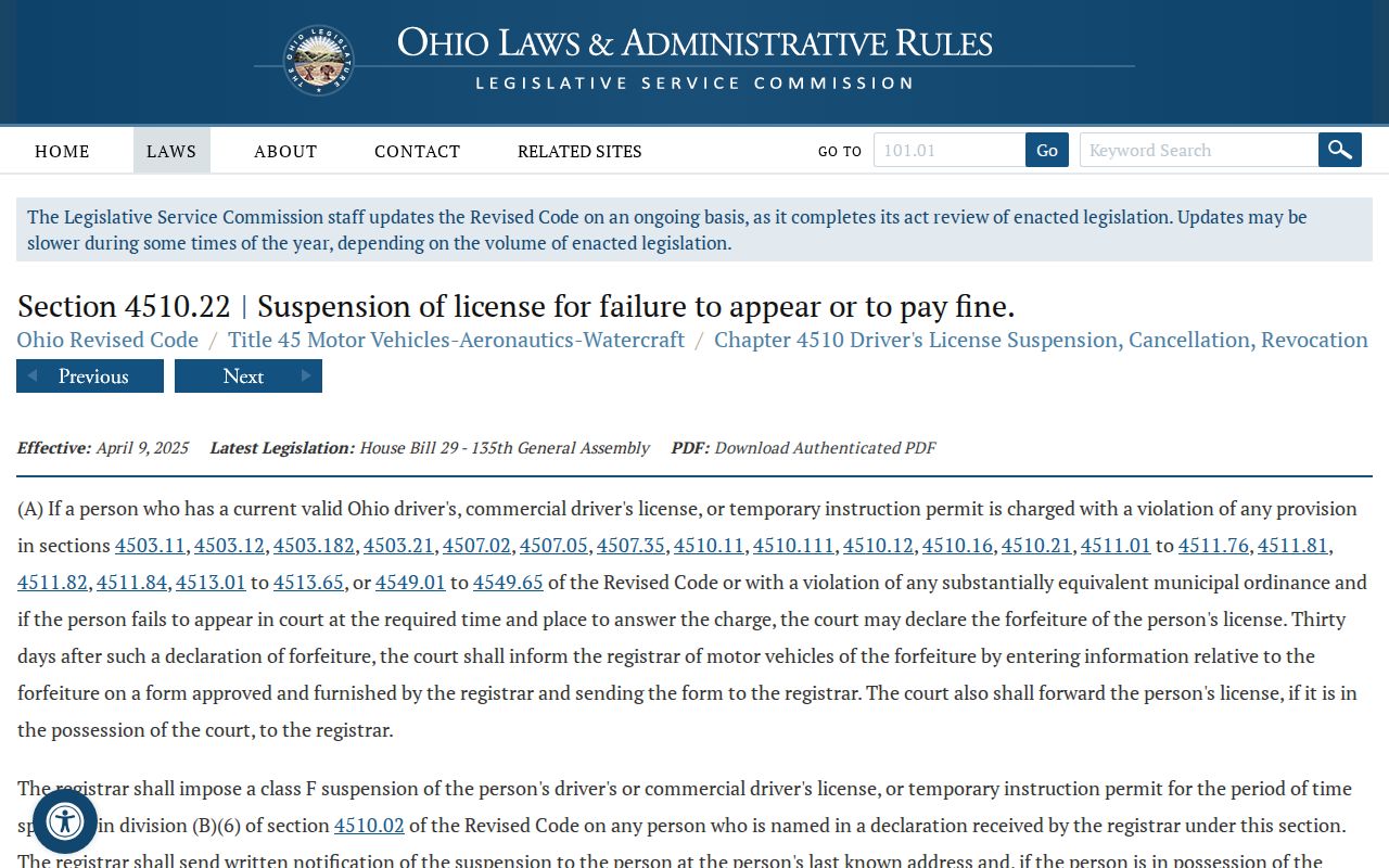 Ohio Revised Code section 4510.22 court-related traffic license forfeiture provision
