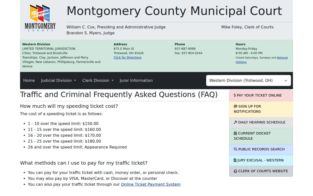 Montgomery County Trotwood court docket traffic rules for Municipal Court Western Division